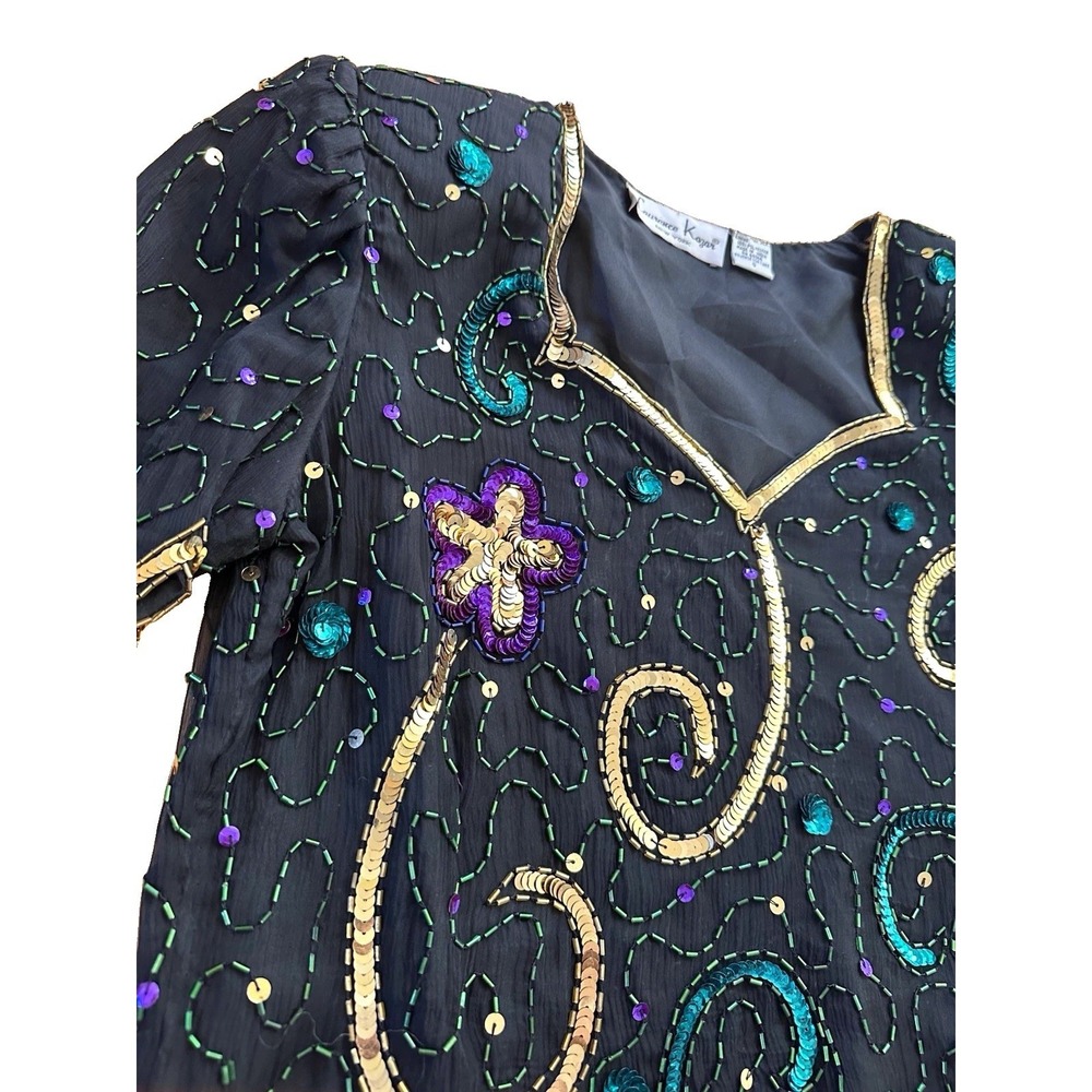 Vintage Lawrence Kazar Beaded Sequin Top Black Evening Party Blouse S 80s 90s